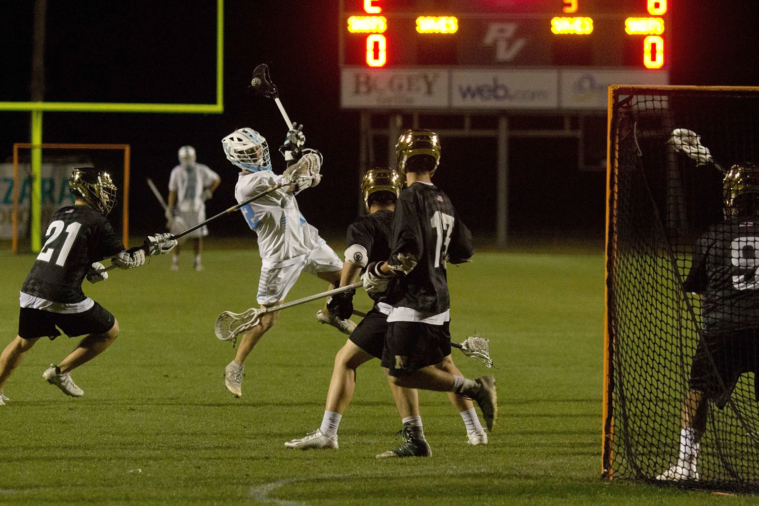 Carter Parlette of Ponte Vedra lines up a low shot that beats the Nease goalie